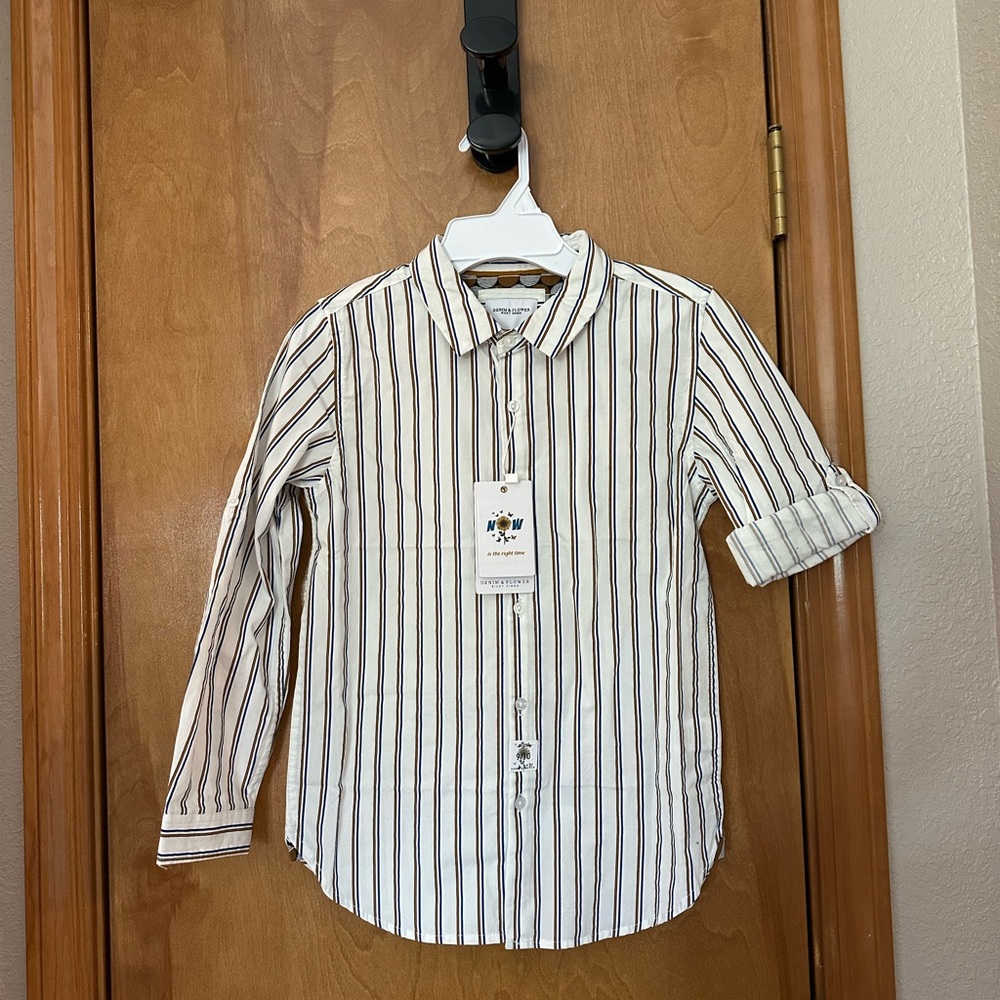 Striped Kids Shirt Gold Brown and Blue with roll up sleeves size 9-10